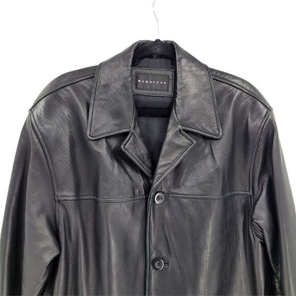 Vintage 90's Baracuta Black Grained Leather Button Down Blazer Jacket Sz S - Picture 6 of 16